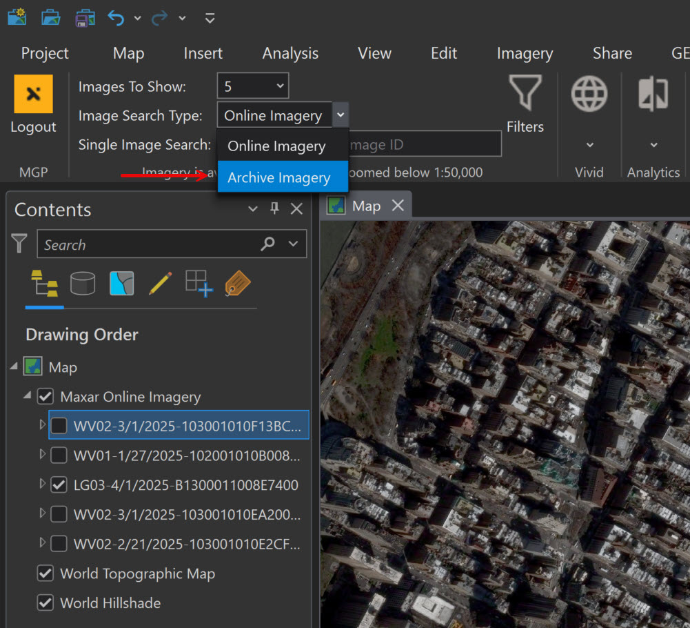 archive imagery dropdown