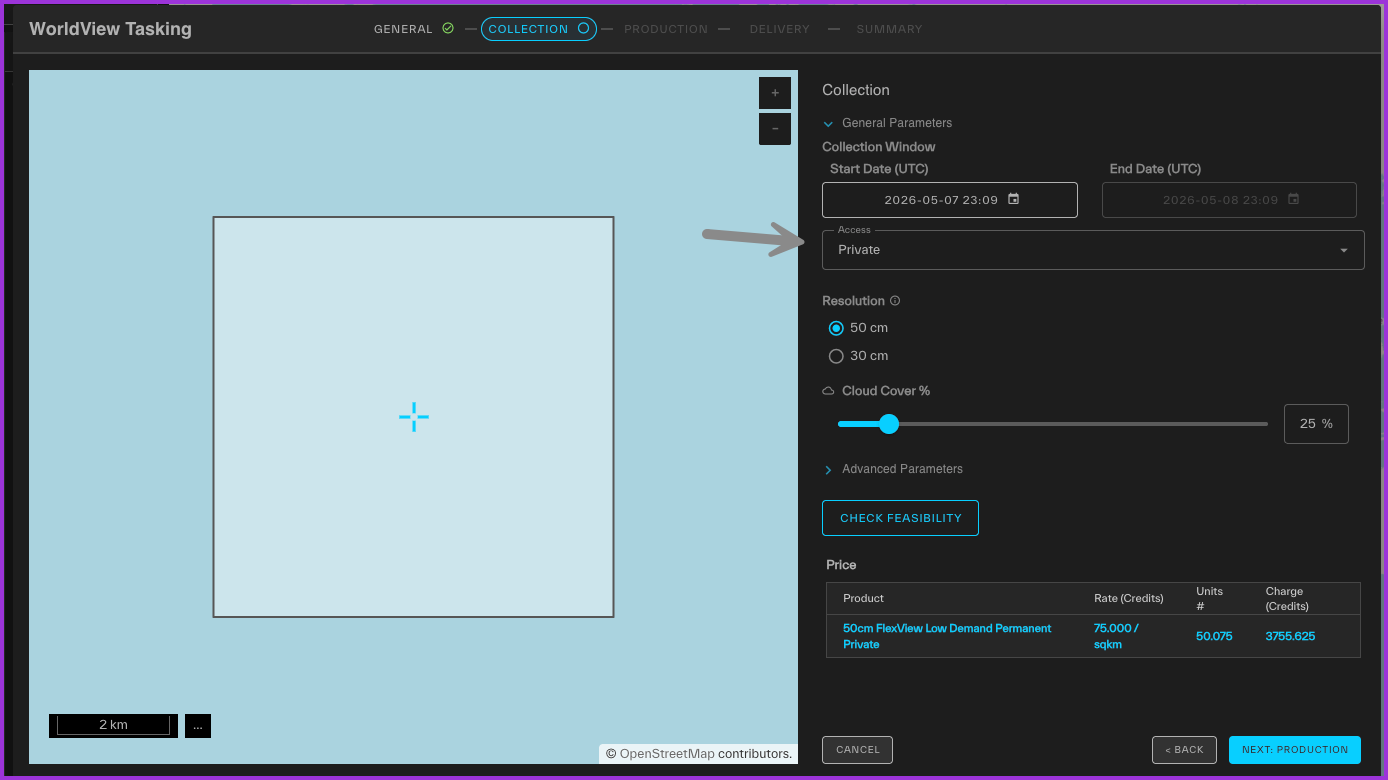 Image of Tasking Wizard Collection Screen with Access menu