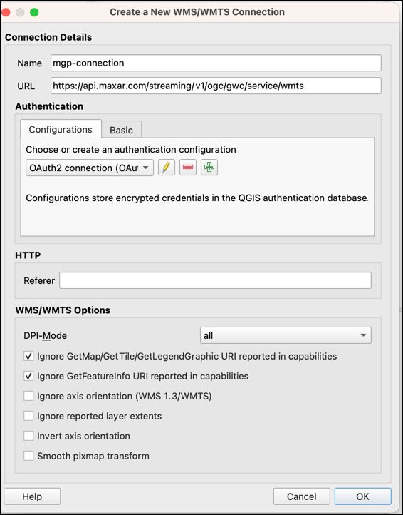 WMS/WMTS Connection Window